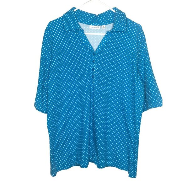 Susan Graver women's blue white polka dot cotton spandex short sleeve top size 2 - Picture 1 of 7